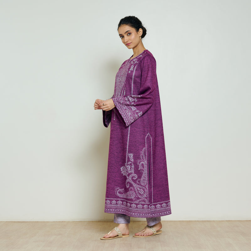Nura Hand Embroidered Woollen Long Kurta - Wine