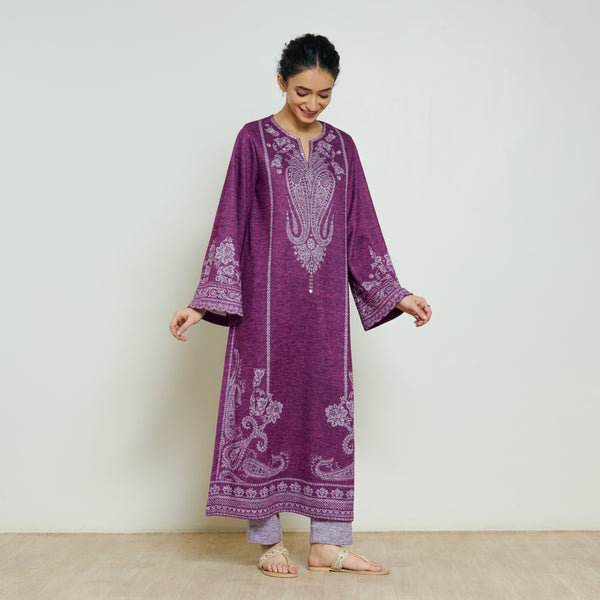 Nura Hand Embroidered Woollen Long Kurta - Wine