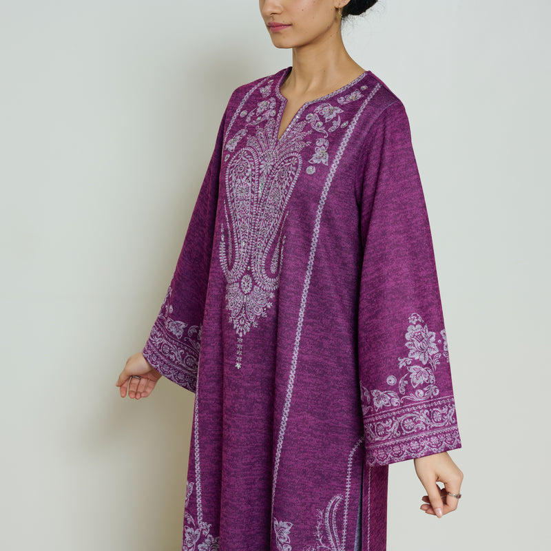 Nura Hand Embroidered Woollen Long Kurta - Wine