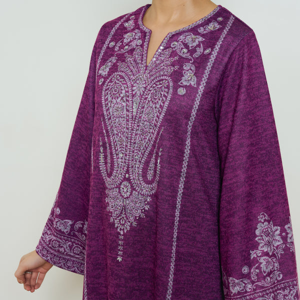 Nura Hand Embroidered Woollen Long Kurta - Wine