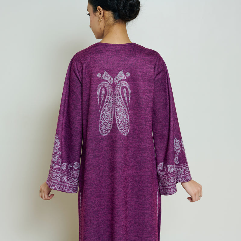 Nura Hand Embroidered Woollen Long Kurta - Wine
