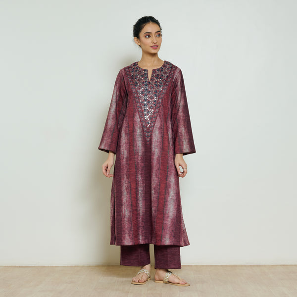 Lumora Hand Embroidered Woollen Kurta - Brick Red