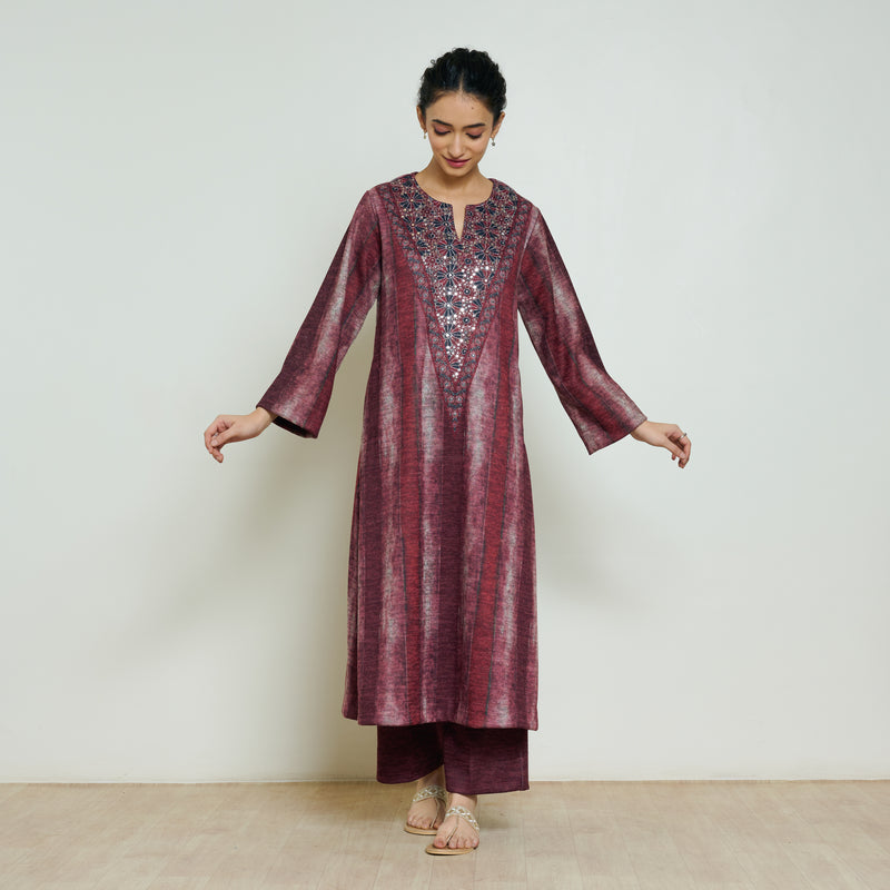 Lumora Hand Embroidered Woollen Kurta - Brick Red