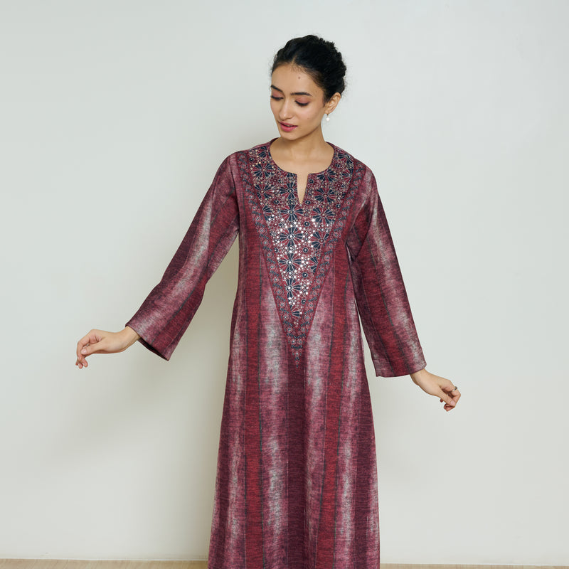 Lumora Hand Embroidered Woollen Kurta - Brick Red