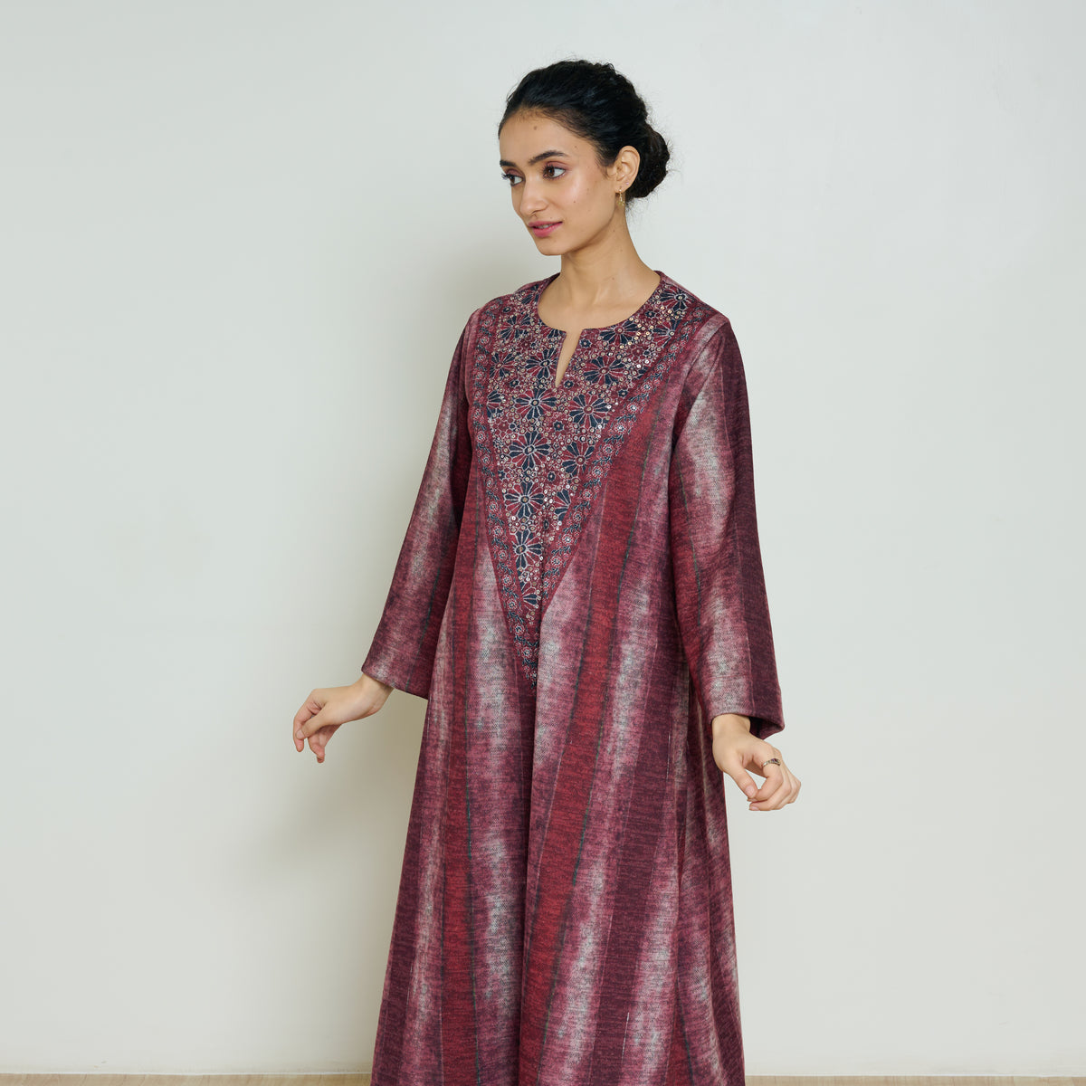 Lumora Hand Embroidered Woollen Kurta - Brick Red
