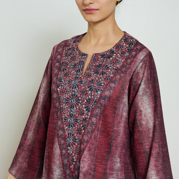 Lumora Hand Embroidered Woollen Kurta - Brick Red