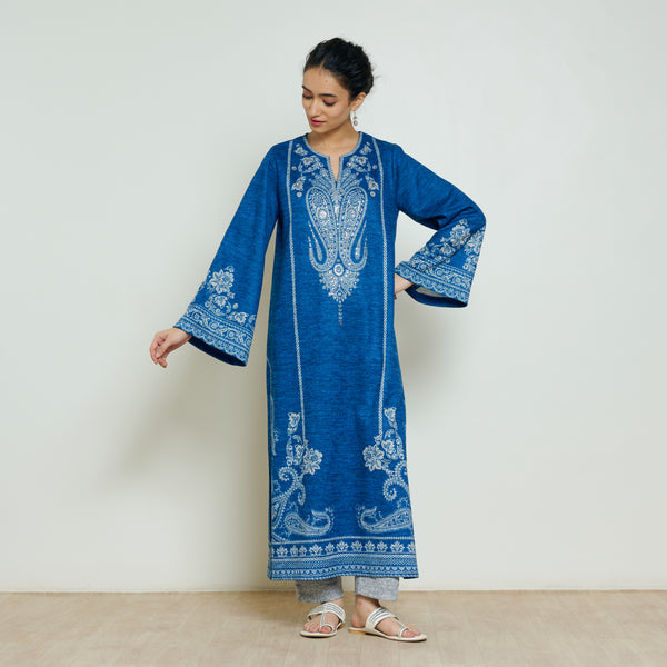 Nura Hand Embroidered Woollen Long Kurta - Electric Blue