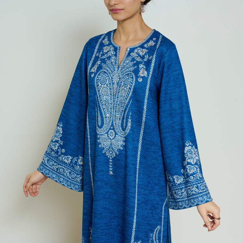 Nura Hand Embroidered Woollen Long Kurta - Electric Blue