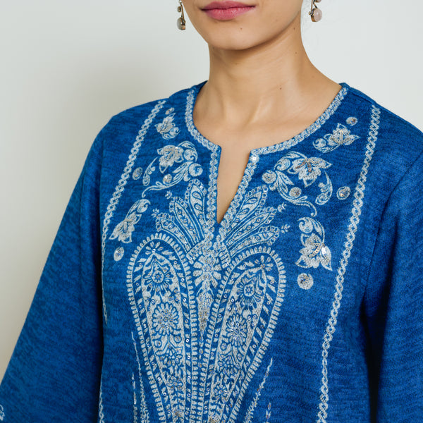 Nura Hand Embroidered Woollen Long Kurta - Electric Blue