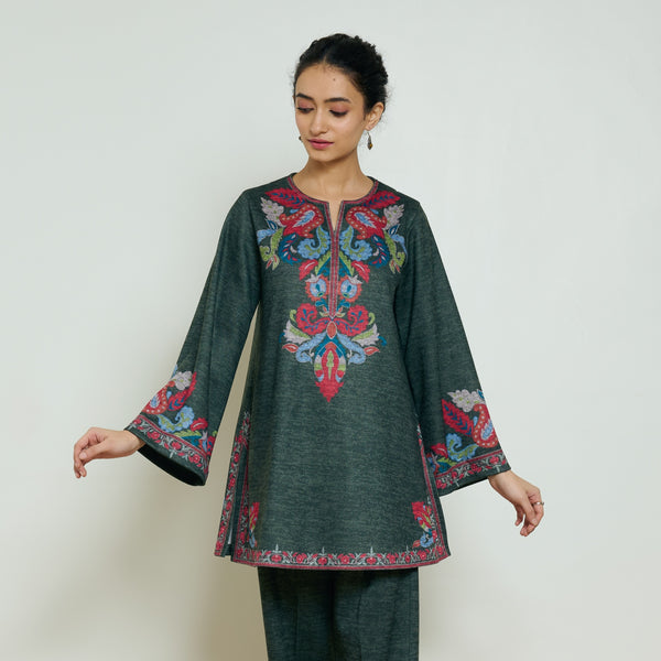 Kashmira Woollen Kurta - Forest Green