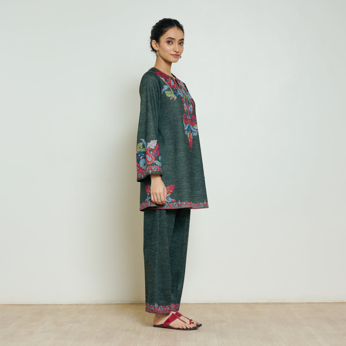 Kashmira Woollen Coord Set - Forest Green