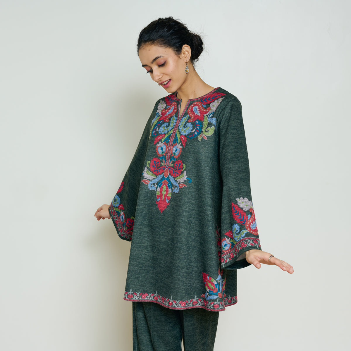 Kashmira Woollen Coord Set - Forest Green