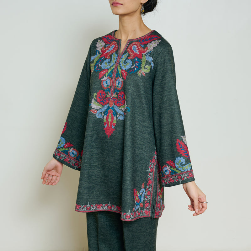 Kashmira Woollen Coord Set - Forest Green