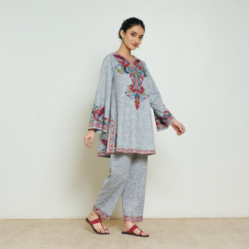 Kashmira Woollen Coord Set - Snow Grey