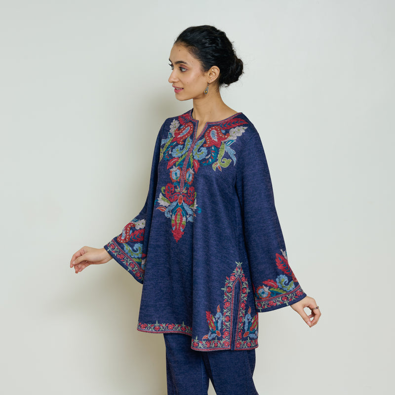 Kashmira Woollen Coord Set - Navy Blue