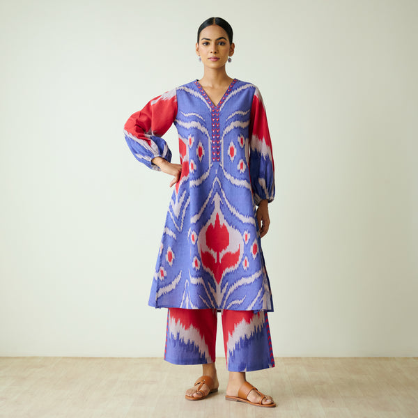 Viola Hand Embroidered Slub Cotton Kurta Set - Blue