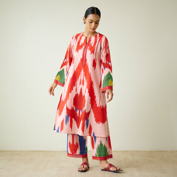 Red Tulip Ikat Inspired Slub Cotton Kurta Set with Lace Detailing - Baby Pink