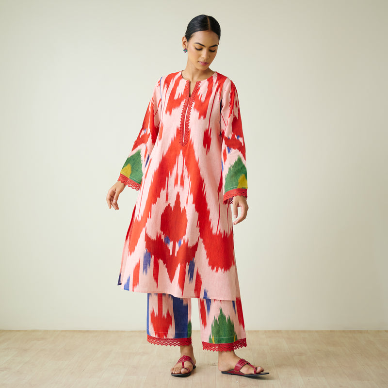 Red Tulip Ikat Inspired Slub Cotton Kurta Set with Lace Detailing - Baby Pink