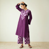 Resha Slub Cotton Kurta Set with Mukaish Work - Violet