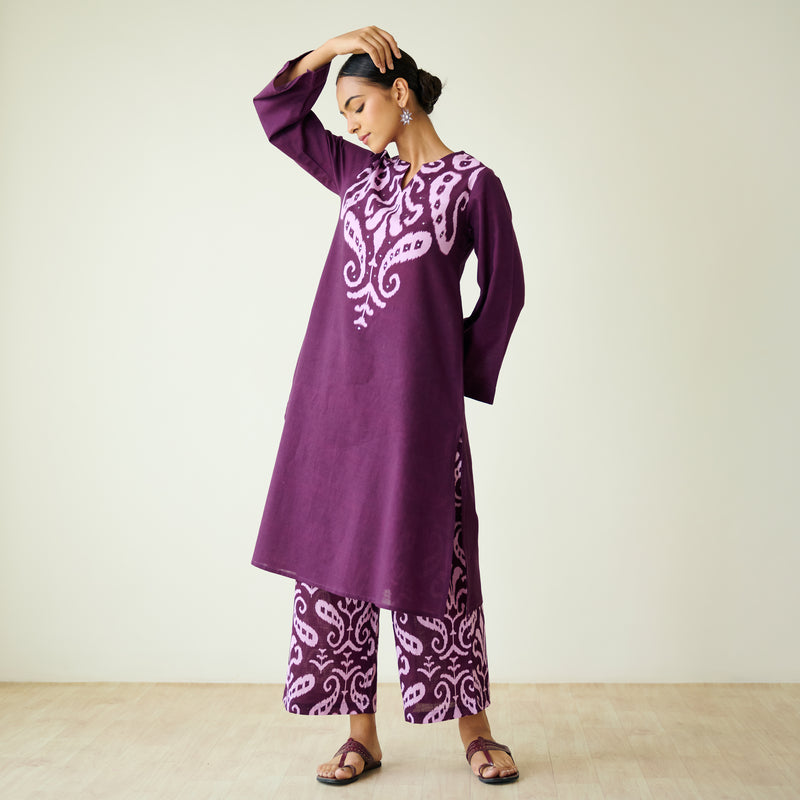 Resha Slub Cotton Kurta Set with Mukaish Work - Violet