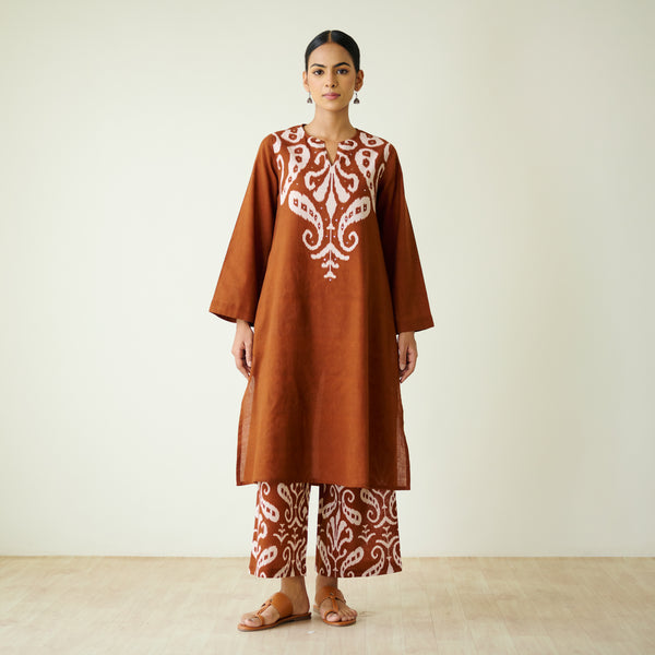 Resha Slub Cotton Kurta Set with Mukaish Work - Brown