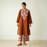 Resha Slub Cotton Kurta Set with Mukaish Work - Brown