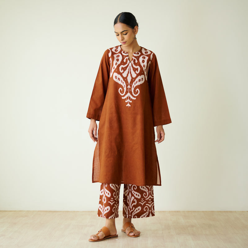 Resha Slub Cotton Kurta Set with Mukaish Work - Brown