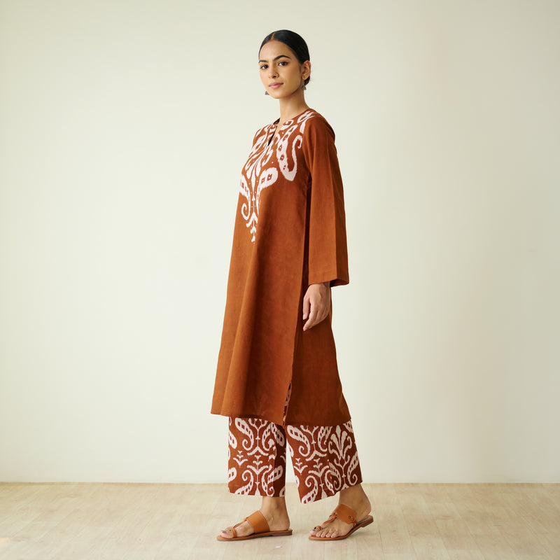 Resha Slub Cotton Kurta Set with Mukaish Work - Brown
