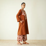 Resha Slub Cotton Kurta Set with Mukaish Work - Brown