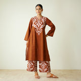 Resha Slub Cotton Kurta Set with Mukaish Work - Brown