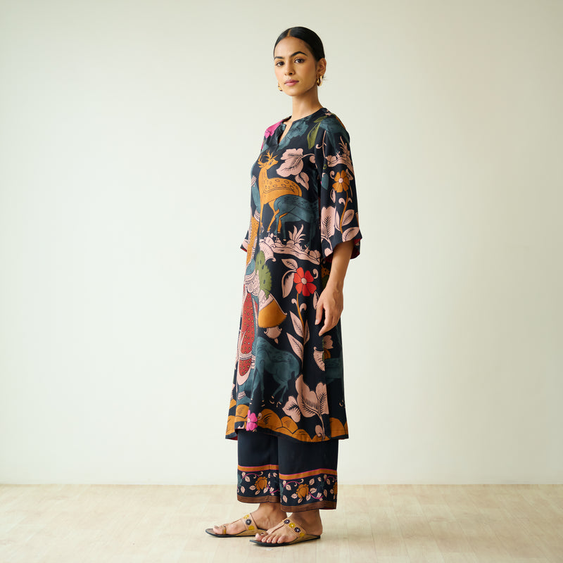 Chitra Modal Satin Kurta Set - Black