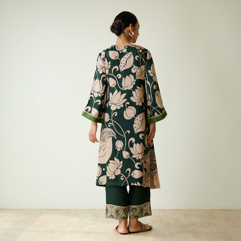 Syahi Modal Satin Kurta Set with Mukaish Embroidery Details - Forest Green