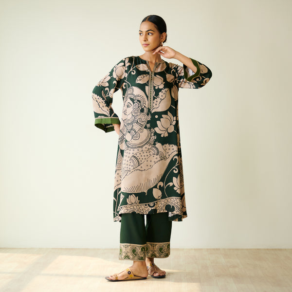 Syahi Modal Satin Kurta Set with Mukaish Embroidery Details - Forest Green