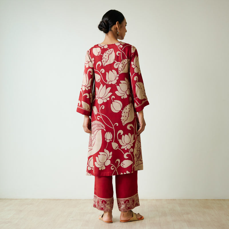 Syahi Modal Satin Kurta Set with Mukaish Embroidery Details - Rust