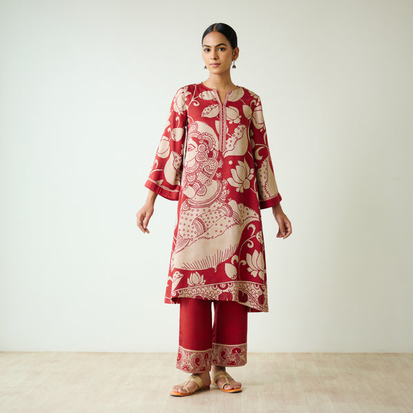 Syahi Modal Satin Kurta Set with Mukaish Embroidery Details - Rust
