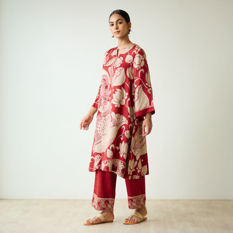 Syahi Modal Satin Kurta Set with Mukaish Embroidery Details - Rust