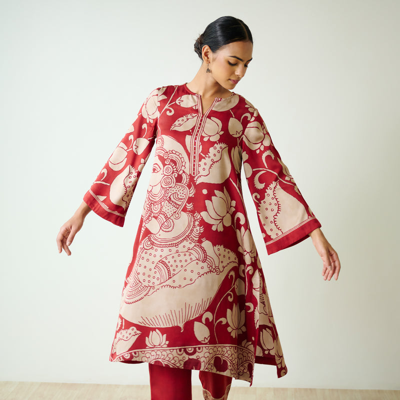 Syahi Modal Satin Kurta Set with Mukaish Embroidery Details - Rust