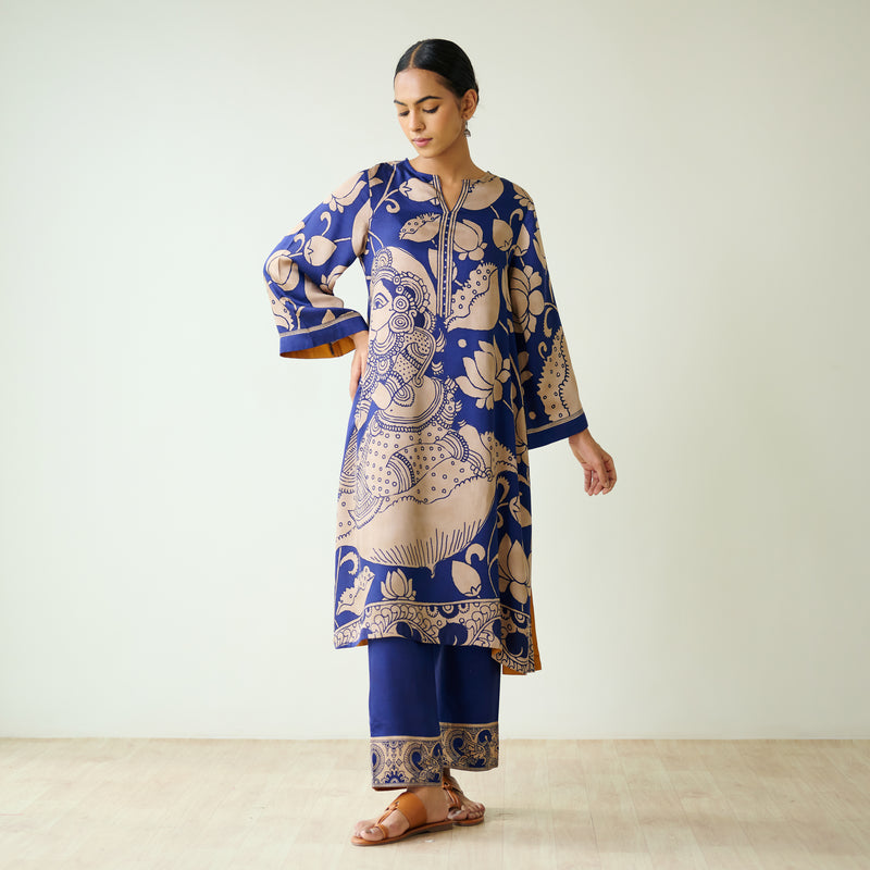 Syahi Modal Satin Kurta Set with Mukaish Embroidery Details - Royal Blue