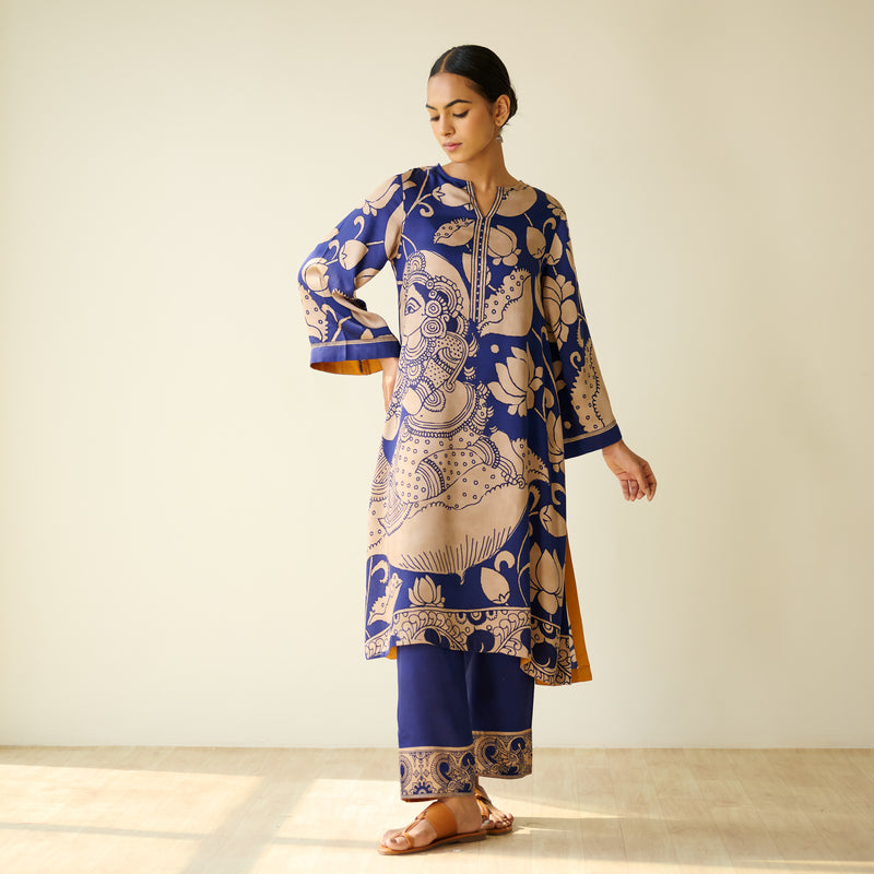 Syahi Modal Satin Kurta Set with Mukaish Embroidery Details - Royal Blue