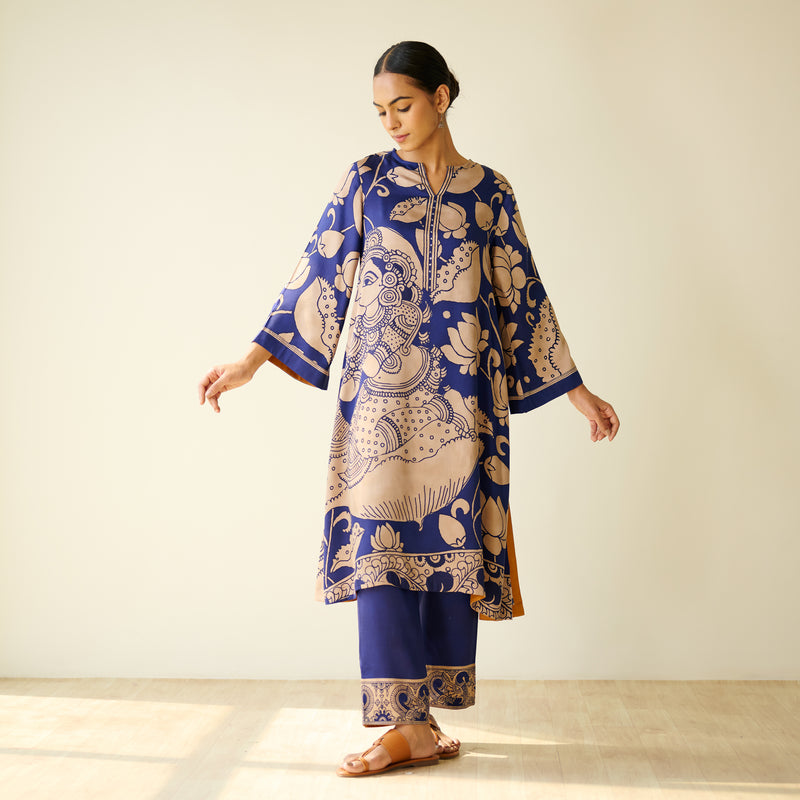 Syahi Modal Satin Kurta Set with Mukaish Embroidery Details - Royal Blue