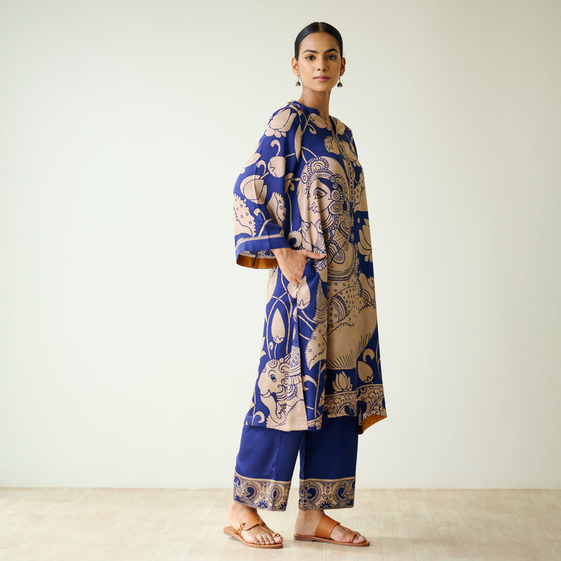 Syahi Modal Satin Kurta Set with Mukaish Embroidery Details - Royal Blue