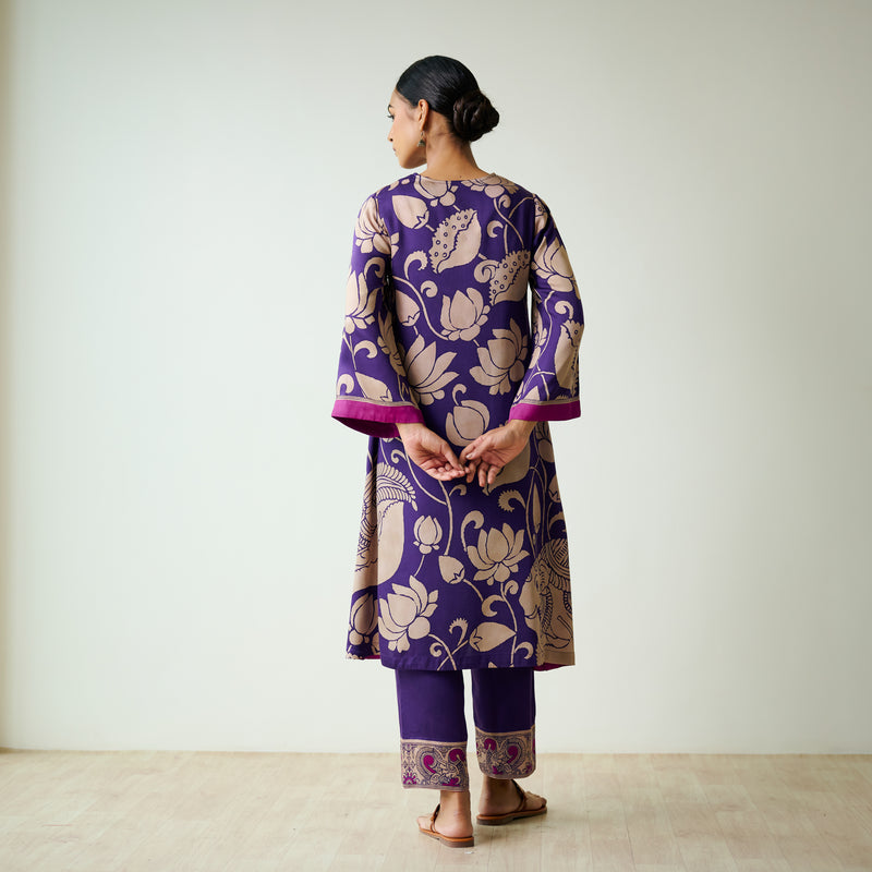 Syahi Modal Satin Kurta Set with Mukaish Embroidery Details - Violet