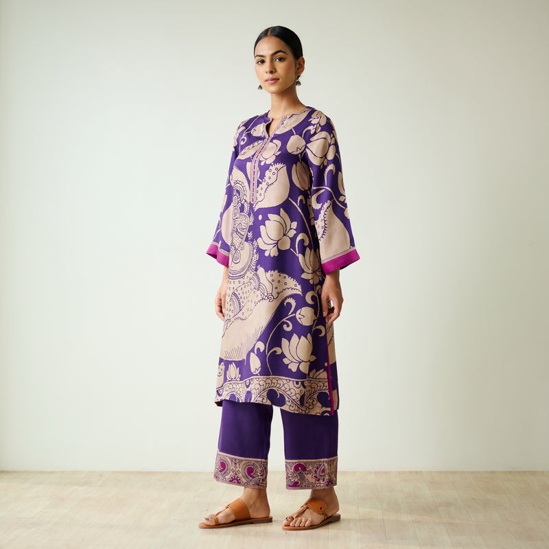 Syahi Modal Satin Kurta Set with Mukaish Embroidery Details - Violet