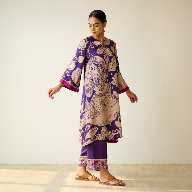 Syahi Modal Satin Kurta Set with Mukaish Embroidery Details - Violet