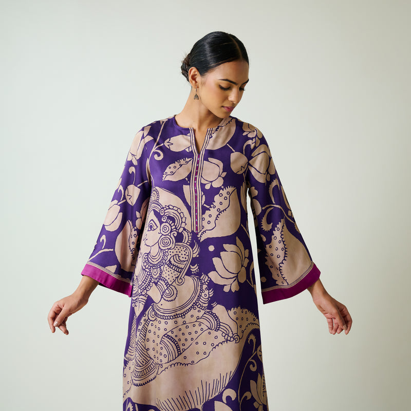 Syahi Modal Satin Kurta Set with Mukaish Embroidery Details - Violet