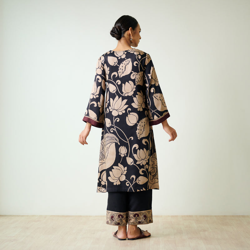 Syahi Modal Satin Kurta Set with Mukaish Embroidery Details - Charcoal