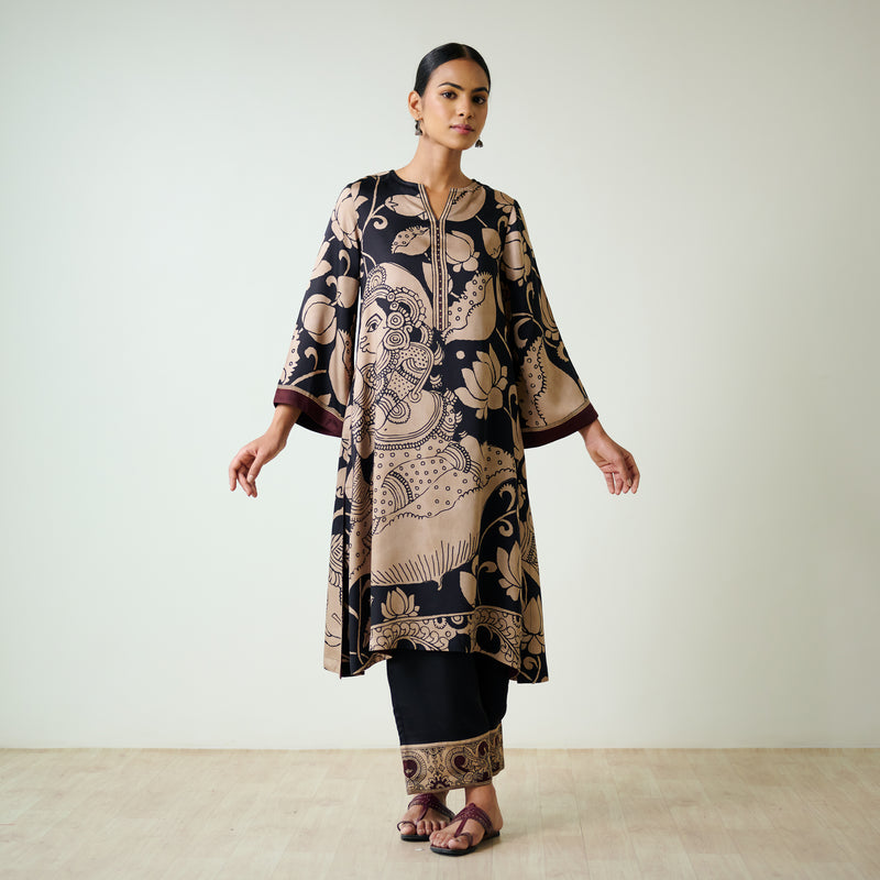 Syahi Modal Satin Kurta Set with Mukaish Embroidery Details - Charcoal