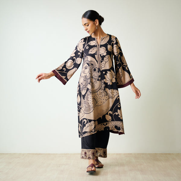 Syahi Modal Satin Kurta Set with Mukaish Embroidery Details - Charcoal