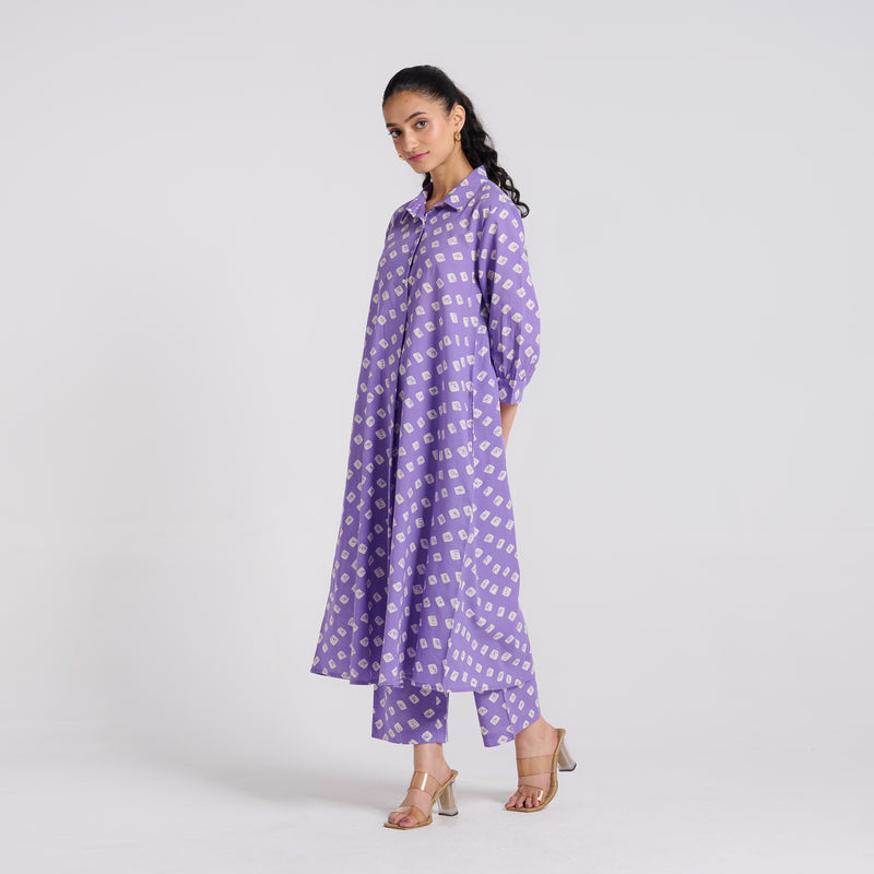 Lavender Breezy Pure Cotton Kurta Pant Set with Shirt Collar