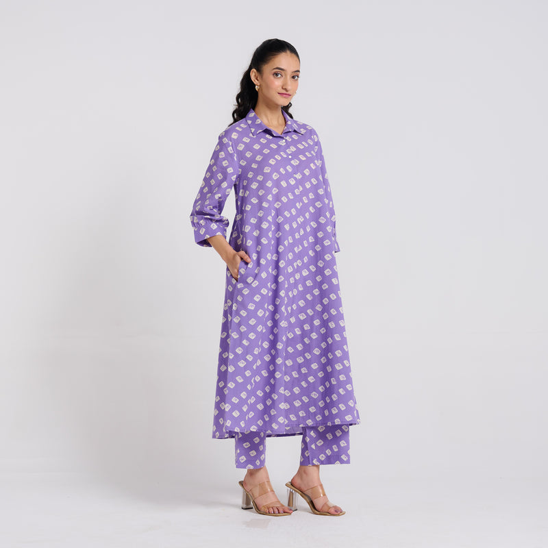 Lavender Breezy Pure Cotton Kurta Pant Set with Shirt Collar